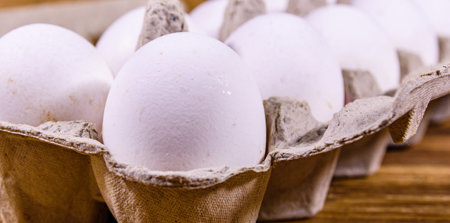 Ein Eierkarton mit weißen Eiern.